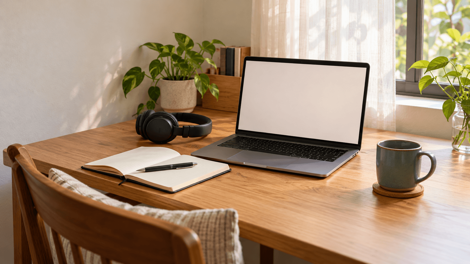 A blank-screen laptop, headphones, an open notebook and a teal mug on a wooden desk beside a sunlit window.